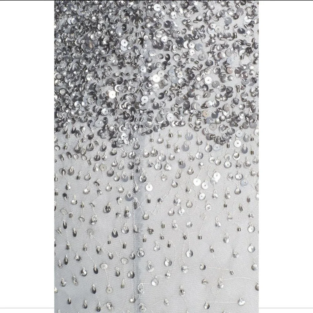 NEW Adrianna Papell Beaded Illusion Bodice Mesh Gown in Grey [Petite SZ 4P‎ ]